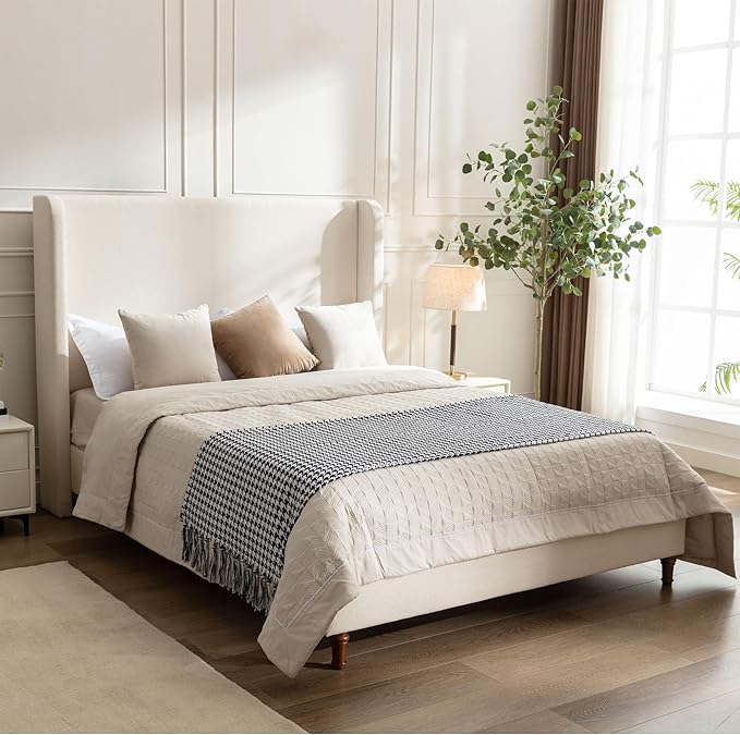Harper Bed Frame with 54" Extra-Tall Headboard - Modern Wingback Upholstered Platform Bed, Textured Boucle Fabric, 1000lbs Heavy Duty Support, No Box Spring Needed(Ivory, Queen U.S. Standard)