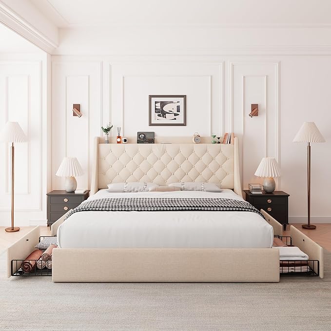 Feonase Upholstered Full Size Bed Frame with 4 Storage Drawers, Charging Station and Tufted Wingback Storage Headboard, No Box Spring Needed, Easy Assembly, Beige