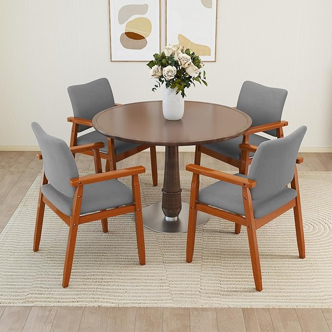 thksbought Set of 4 Mid Century Modern Walnut Dining Chairs Wood Arm Grey Fabric Kitchen Cafe Living Room Decor Furniture