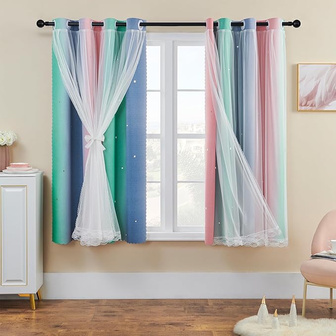 XiDi Curtains for Bedroom Decor, Rainbow Pinkgreen grey52/54