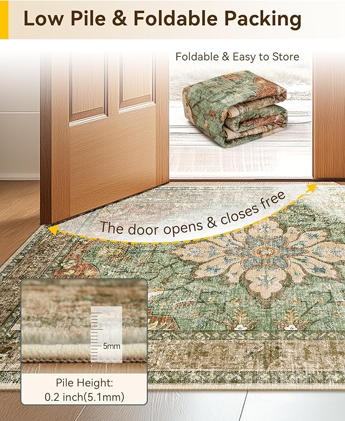 Area Rugs 2'6''x10' Washable Non-Slip, Floral Vintage Distress Print Pattern Medallion Carpet for Living Room Bedroom Dining Room, Brick Red Rust Neutral Brown Burnt Orange Green