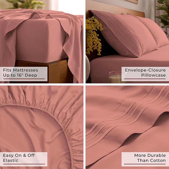Mellanni California King Sheet Set - 6-Piece Iconic Collection Bedding, (Including 4 Pillowcases), 16-Inch Deep Pocket, Easy Care, Extra Soft, Cooling Sheets, Brushed Microfiber - Coral