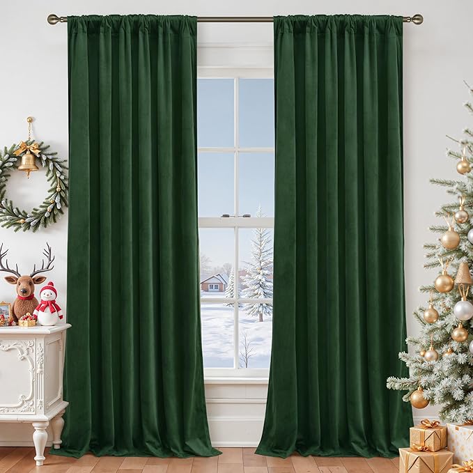 LAMIT Emerald Green Velvet Curtains 84 Inch for Living Room, Thermal Insulated Room Darkening Panels Noise Reducing Back Tab and Rod Pocket Christmas Drapes for Bedroom, 2 Panels, 52 x 84 Inch