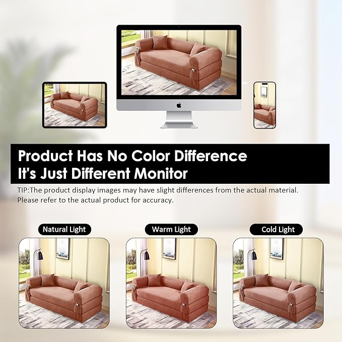 80" Convertible Sofa Bed, 3-in-1 Corduroy Folding Pull Out Couch with Pillows, No Assembly Modern Boneless Couch Compression Sofa in Box, Floor Sofa with Side Storage Pocket for Living Room,Pink