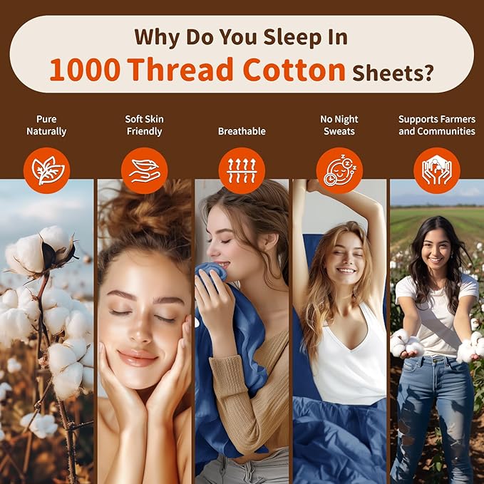 LBRO2M 1000 Thread Count 100% Egyptian Cotton Sheets Set 6 Piece Sets King Bed Sheet Deep Pocket Sheet Set 16" Soft Comfortable All Season (King, Navy Blue)