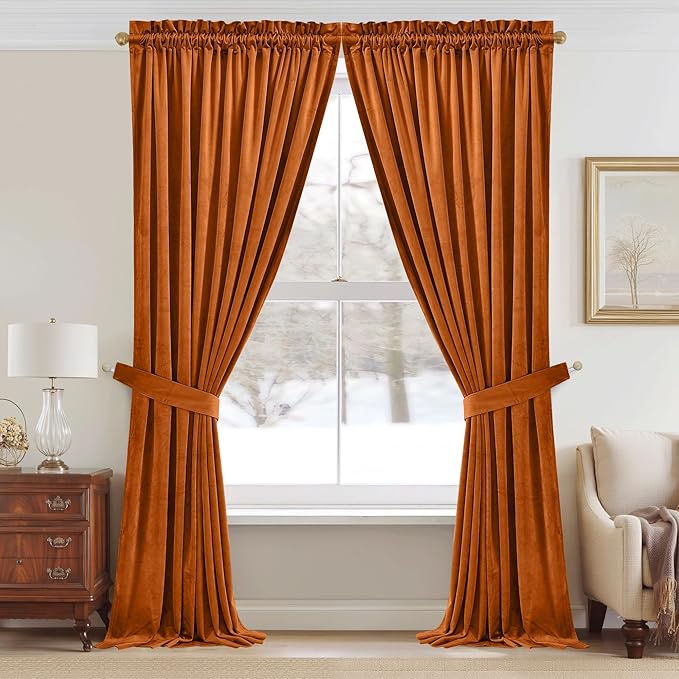 StangH Pumpkin Orange Curtains Velvet 96 inches for Living Room, Elegant Retro Home Decoration Thermal Insulated Light Blocking Sliding Door Curtains for Dining Room, W52 x L96, 2 Panels