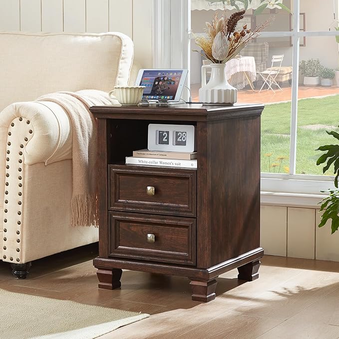 SAVOR LIFE Farmhouse Nightstand Set of 2 with Charging Station, Rustic Brown Nightstand, 2 Drawers End Table, Bedside Table with Open Shelf for Bedroom, Walnut