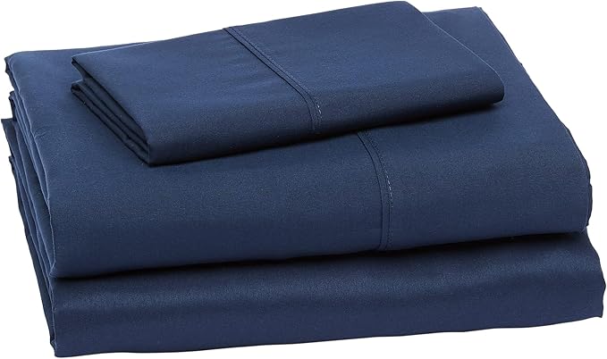 Amazon Basics Lightweight Super Soft Easy Care Wrinkle Free Microfiber 3 Piece Bed Sheet Set with 14-Inch Deep Pockets, Twin, Navy Blue, Solid, Kids, Men & Women Bedding (Pack of 4)