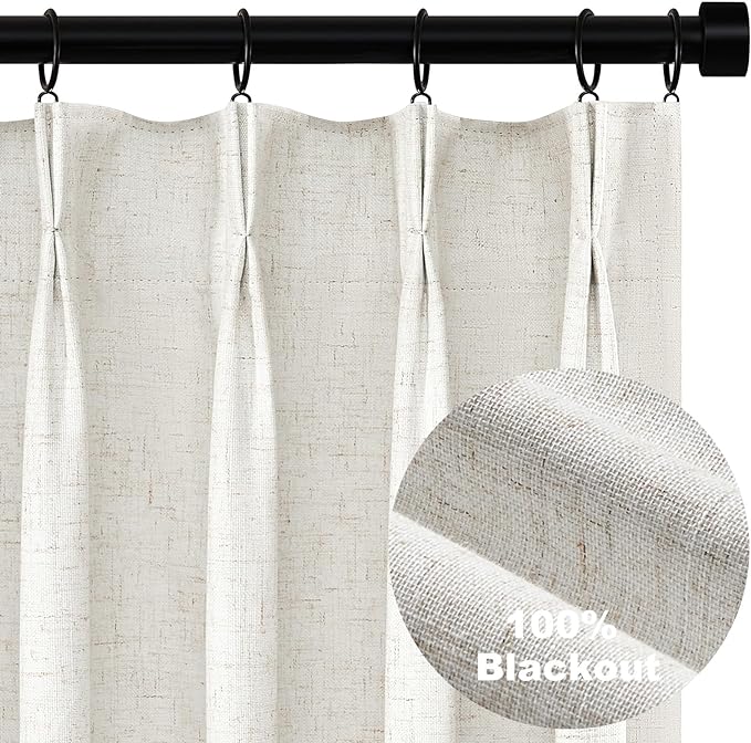 Topfinel 63 Inch Length Blackout Linen Curtains, Pinch Pleat Back Tab Pleated Farmhouse Short Room Darkening Uv Blocking Cute Curtains for Small Window Bedroom Nursery with Clips, Ivory Off White