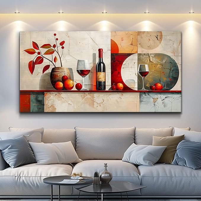 ERQINHUA Large Canvas Wall Art For Kitchen Wall Decor For Living Room Restaurant Pub Decorations Wine Glass Mural Still Life Abstract Pictures Artwork Restaurant Mural Home Decor Painting 30"x60"