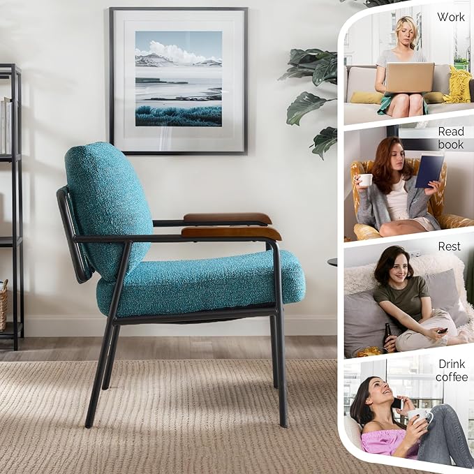 VINGLI Mid-Century Modern Accent Armchiars Set of 2 for Small Space, Small Comfy Upholstered Leisure Reading Chairs with Wood Armrests for Bedroom, Living Room, Waiting Room, Linen Teal