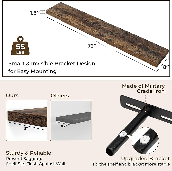 RICHFOCUS 72Inch Floating Shelves for Wall 1 Pack Shelves for Bedroom|Kitchen|Bathroom Wall Mounted Rustic Wood Floating Shelf with Invisible Brackets for Books|Storage|Decor, Rustic Brown