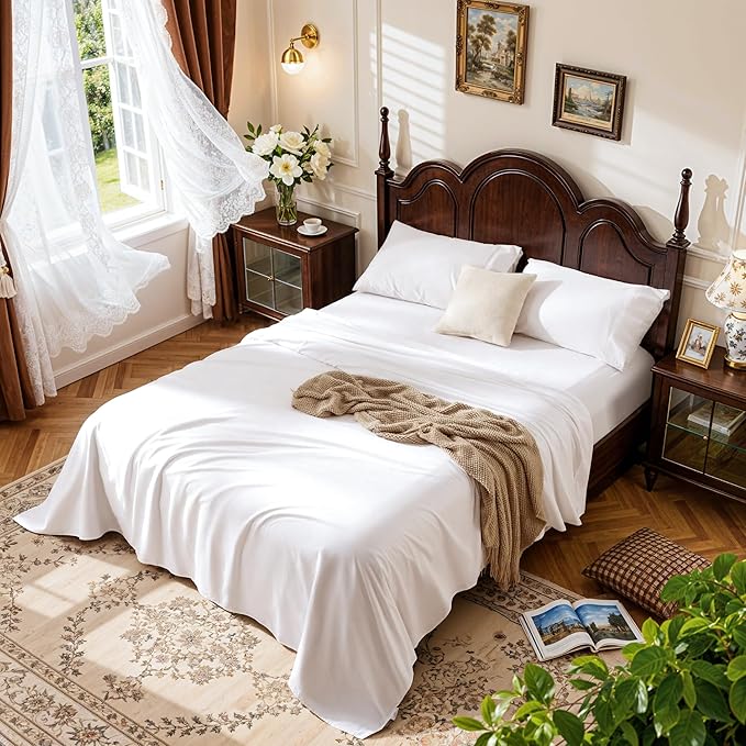 LBRO2M 100% Egyptian Cotton Sheets Set 1000 Thread Count,Queen Size Bed Sheet 4 Piece Sets,Long Staple,16 Inches Deep Pocket,All Season,Bedding Super Soft Breathable,Sateen Weave(White)