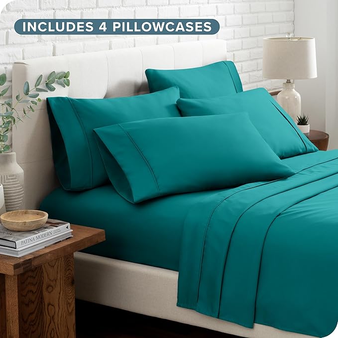 Bare Home Hotel Luxury Full Sheet Set, Extra Soft - 6 Piece Set - Deep Pockets - Easy Fit - Cooling & Breathable - Wrinkle, Fade, Stain Resistant - Includes 4 Pillowcases (Full, Emerald)