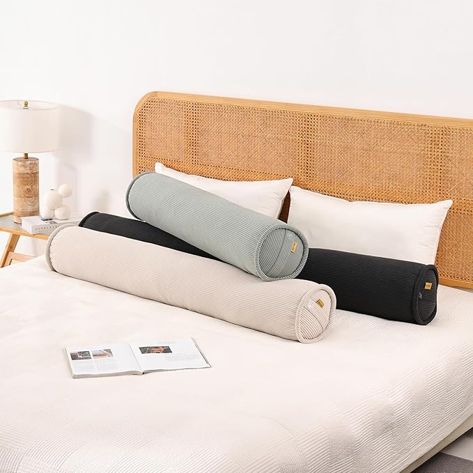 Long Pillow for Bed – Corduroy Round Bolster Pillow for Adults, Decorative Body Pillow for Sleeping or Sofa Support,39 x 7.87 Inches,Beige Gray