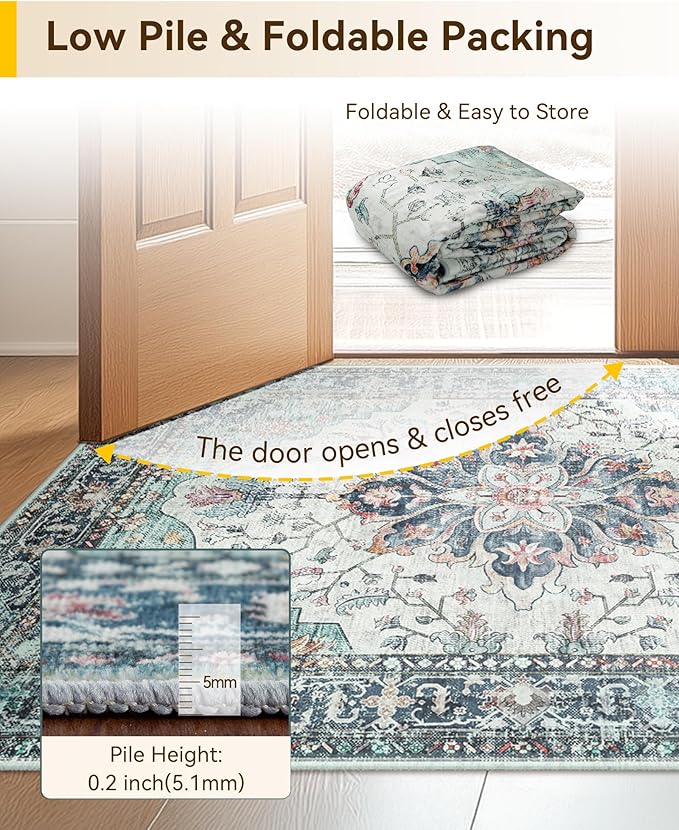 Area Rugs 2'x4' Washable Non-Slip, Floral Vintage Distress Print Pattern Medallion Carpet for Living Room Bedroom Dining Room, Green Navy Blue White Red Teal Colorful
