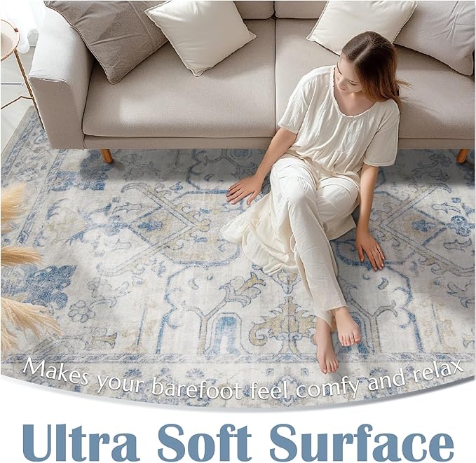 jinchan 4x6 Machine Washable Area Rugs Ultra-Thin Soft Throw Rug Low Pile Non-Slip Stain Resistant Distressed Vintage Floral Carpet for Bedroom, Living Room, Dining Room, Kitchen, Nursery(4x6ft, Blue)