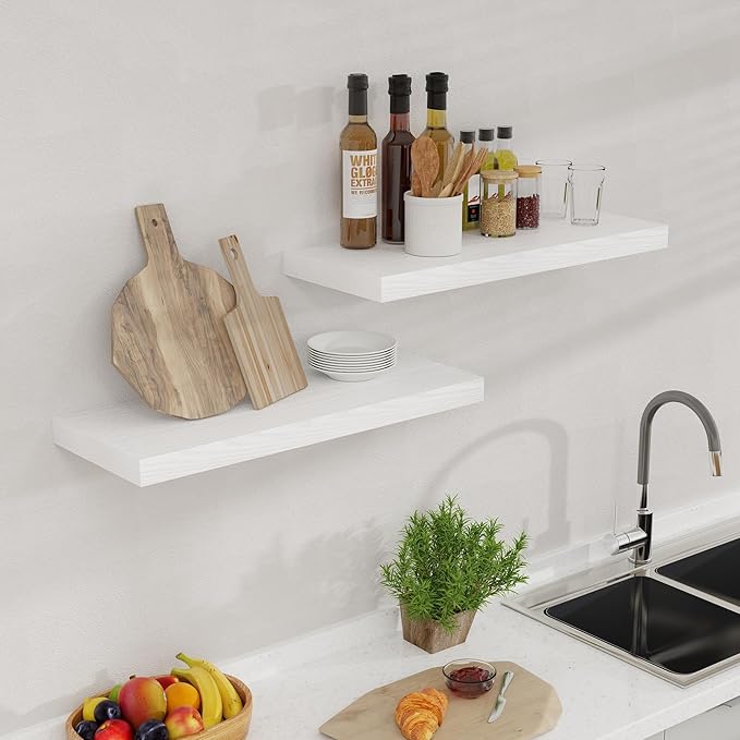 Fun Memories Floating Shelves for Wall, 24 x 9.3 Floating Shelf Wall-Mounted, Rustic Wood Bathroom Shelf Set of 2, Deep Bookshelf Storge Shelves for Living Room, Bedroom, Farmhouse, White Color