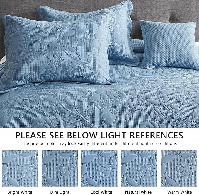 CHIXIN Bedspread Coverlet Quilt Set Full Size - Lightweight Bedding Cover - Ultrasonic Quilting - 5 Piece Reversible Bedspread - Vintage Rose Pattern (Full, Ashley Blue)