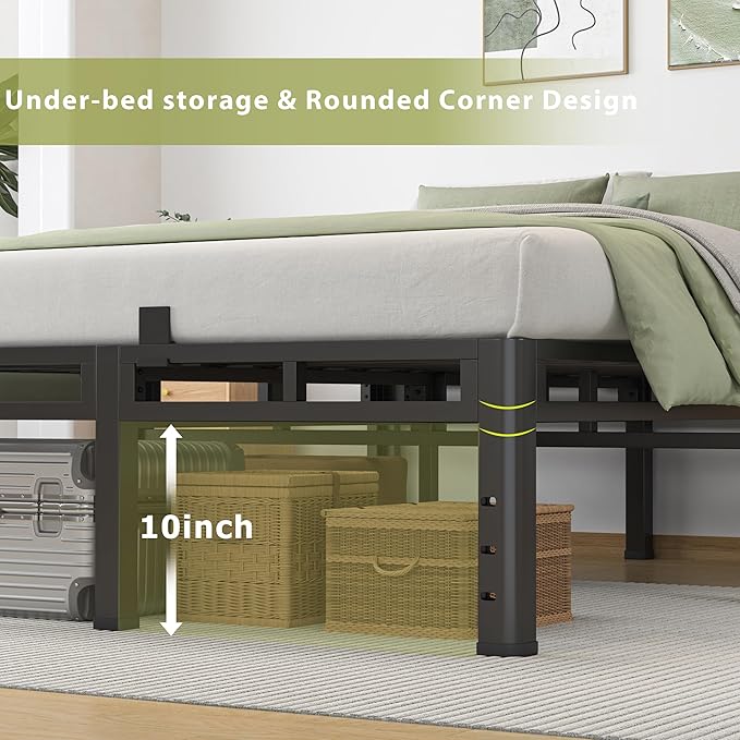 NKZ Full Size Bed Frame 14 Inch, Metal Bed Frame & Box Spring 2 in 1 Platform with Round Corner Legs, 4000lbs Weight Capacity Reinforced Metal Frame, Headboard Hole, Noise-Free, Easy Assembly