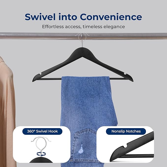 SereneLife 30 Pack Black Wooden Hangers Heavy Duty Non Slip Clothes Hanger Set with 360° Swivel Chrome Hook Notches and Pants Bar 10 lb Capacity Closet Organizers for Shirts Suits Coats Dresses