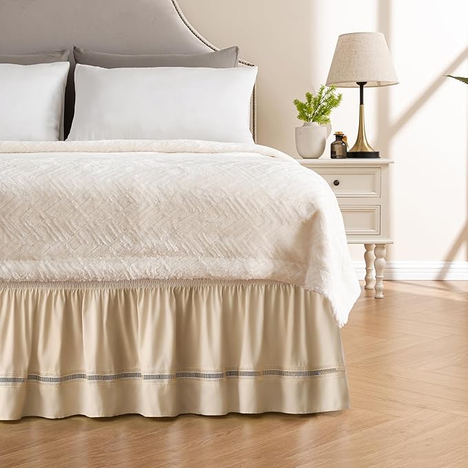 MIYE Wrap Around Ruffled Lace Bed Skirt, Elastic Dust Ruffle with Adjustable Belts, Easy to Put On, Bed Frame Cover, Machine Washable (Ruffled Lace/Beige, Full/Twin-12.5" Drop)