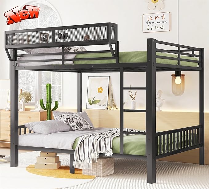 Higher Quality & Stronger Heavy Duty Metal Bunk Bed Frame Queen Over Queen Size for Adults Teens, Thickened More Stable Steel Bunkbed (Queen Over Queen-B)