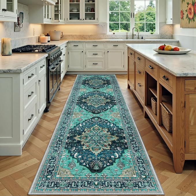 Area Rugs 2'x7' Washable Non-Slip, Floral Vintage Distress Print Pattern Medallion Carpet for Living Room Bedroom Dining Room, Teal Green Lake Blue Turquoise