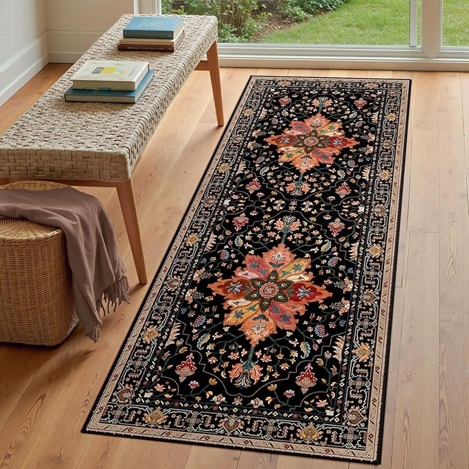 Area Rugs 3'x8' Washable Non-Slip, Floral Vintage Distress Print Pattern Medallion Carpet for Living Room Bedroom Dining Room, Black Colorful Floral Dark Tan