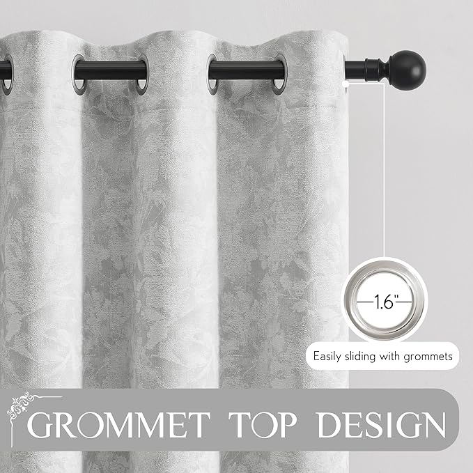 Beauoop Grey Floral Jacquard Blackout Curtains 72 Inches Long 2 Panels for Bedroom Living Room Gray Flower Chenille Room Darkening Thermal Insulated Soundproof Grommet Window Treatments Drapes, 52x72