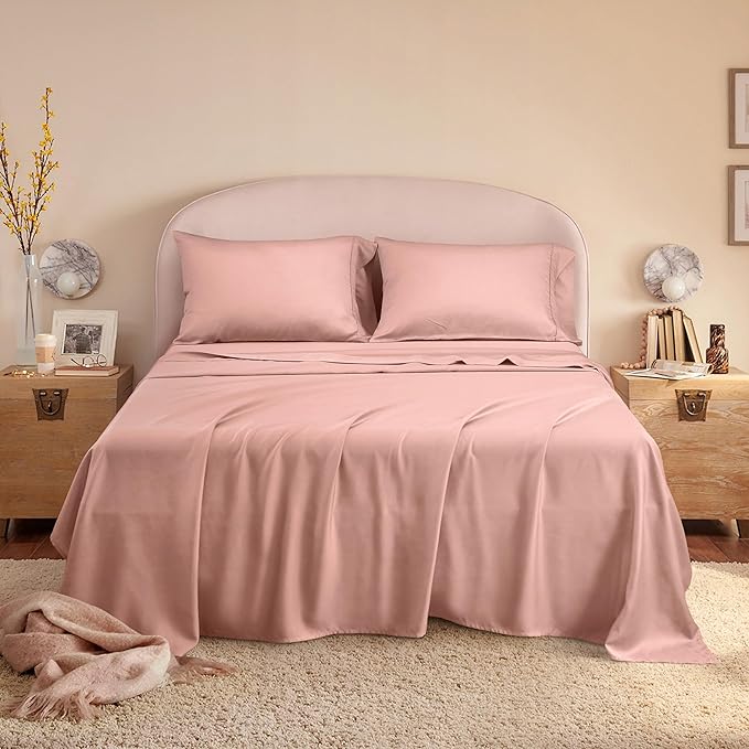 Queen Sheets, Rayon Derived from Bamboo, Cooling Bed Sheets Set,Deep Pocket Up to 16", 4 Pieces Silky Soft, Breathable Bedding Sheets & Pillowcases(Pink,Queen)
