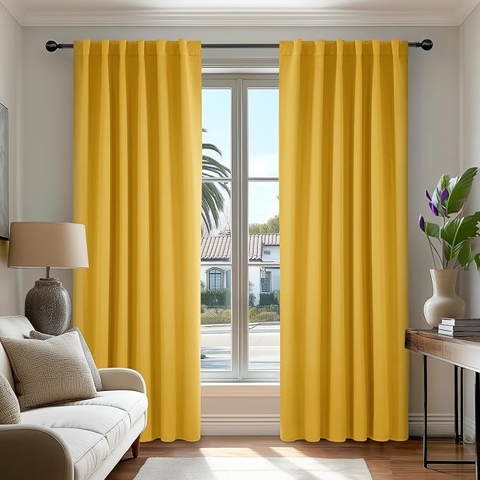Deconovo Extra Long Blackout Curtains Back Tab and Rod Pocket Thermal Insulated Room Darkening Curtains for Bedroom 52Wx108L Inch Mellow Yellow 2 Panels