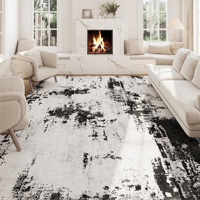 Area Rugs 8x10, Modern Abstract Machine Washable Rugs for Living Room Thin Carpet Indoor Floor Non-Shedding Carpets for Bedroom Dining Room Farmhouse Home Office | Black White