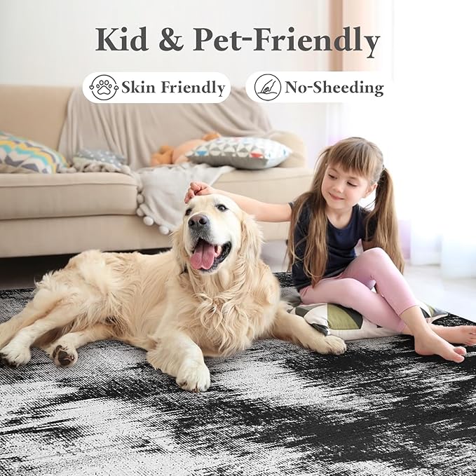 5x7 Area Rug Living Room Rugs - Machine Washable Neutral Abstract Rugs for Dinning Room Indoor Floor Non Silp Rug Carpet for Bedroom Home Office - Black White