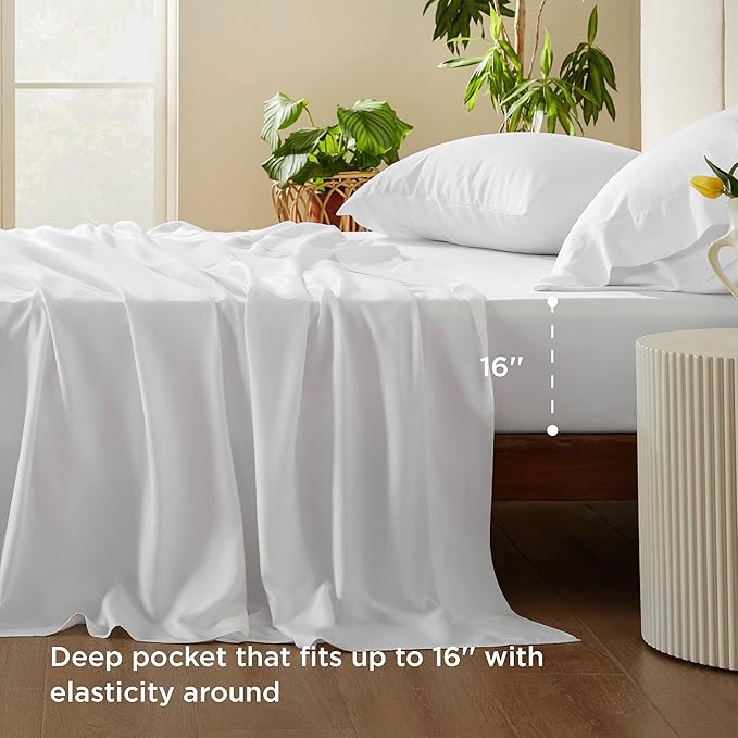 Bedsure Cooling Sheets Twin, Rayon Derived from Bamboo, Cooling Sheets, Breathable & Soft, Deep Pocket Up to 16 Inches, Hotel Luxury Silky Bedding for Hot Sleepers, White