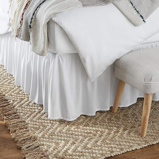 KRISHNA Ruffled Bed Skirt with Split Corners Queen, 100% Microfiber Hotel Quality, 18 Inch Drop Dust Ruffle Gathered Bedskirt with Platform, 60" x 80", White