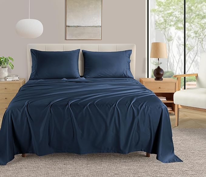 100% Cotton Sheets King Size Sheets Set With Fitted Sheet & Pillowcase Sets, 400 Thread Count Sateen Weave 4 Piece Deep Pocket King Sheet Set, Soft & Comfy Naturally Cool Luxury Bedding- Navy