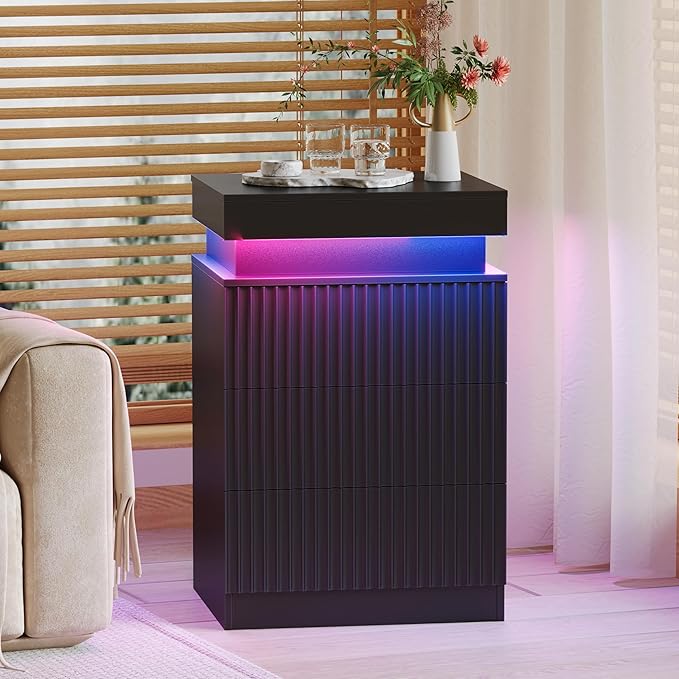 Nightstand Set of 2 for Bedroom, LED Nightstand with 3 Drawers and Charging Station, Mid Century Modern Fluted Nightstands, Bedside Tables & End Tables, Black