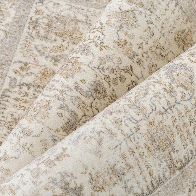 Light Brown Area Rug 10x14 Machine Washable Large Vintage Living Room Distressed Non Slip Carpet Traditional Indoor Bedroom Retro Floral Accent Throw Rug for Office Kitchen Dining Room