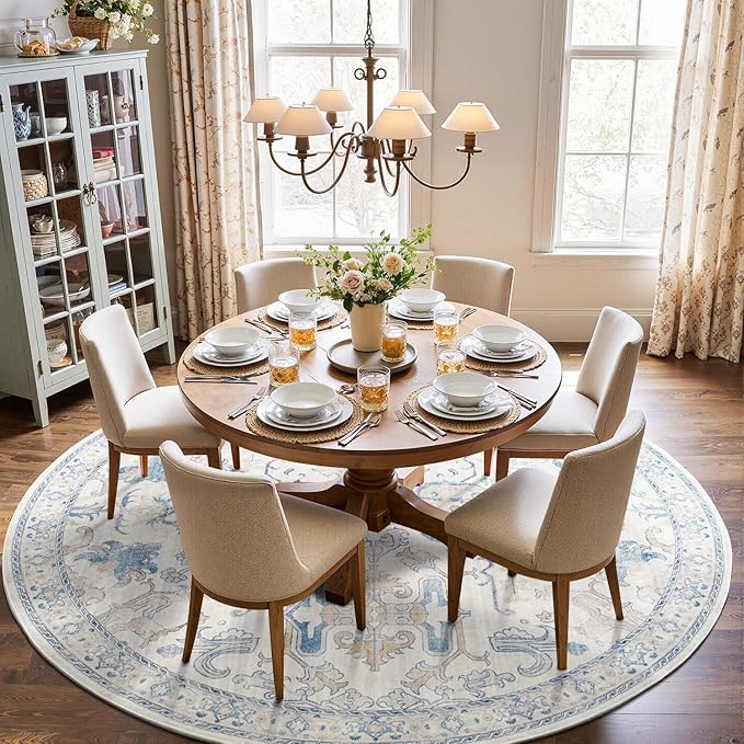 jinchan Round Rug 8ft Area Rug Vintage Floor Mat Kitchen Indoor Ultra-Thin Soft Floral Print Washable Circle 8' Accent for Farmhouse Non Slip Dining Room Living Room Bedroom Office Blue