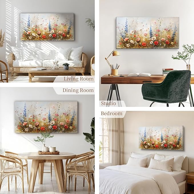 SERIMINO Spring Wildflower Wall Art, Nature Botanical Floral Large Artwork for Walls, Flower Market Canvas Art Prints, Modern Country Aesthetic Paintings Wall Decor Living Room Bedroom 24X48 Inch