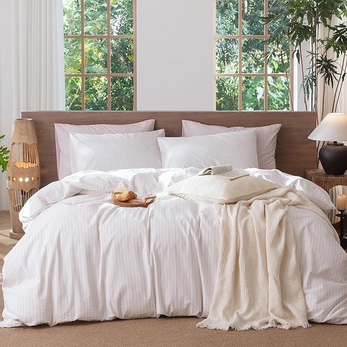 MooMee Striped Duvet Cover Set 100% Washed Cotton Linen Like Textured Breathable Durable Soft Comfy (White Heathered Greyish Pink Wide Stripes, Queen 90"x90")
