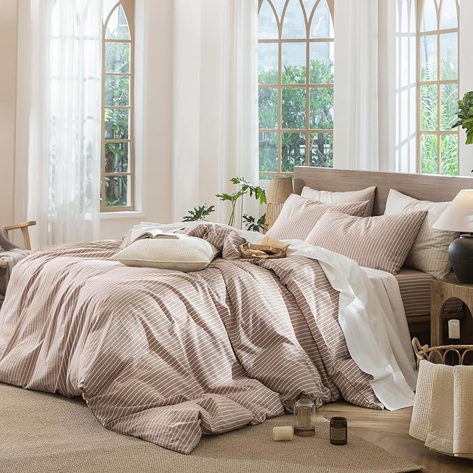 MooMee Striped Duvet Cover Set 100% Washed Cotton Linen Like Textured Breathable Durable Soft Comfy (Orange White Wide Stripes, Palatial King/Oversized King 120"x98")
