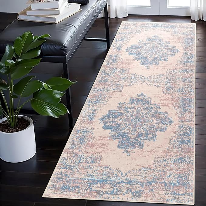 vivorug Runner Rug 2x10 Machine Washable Rug with Non-Slip Backing, Ideal for Kitchen Hallway Entryway Laundry Room - Vintage-Inspired, Durable, Easy Clean, Low Pile Carpet Runner, Pink