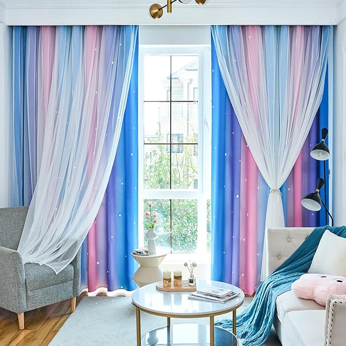 Star Blackout Curtains for Bedroom - Rainbow, 96 Inches Long 2 Panels, Blue & Purple & Pink