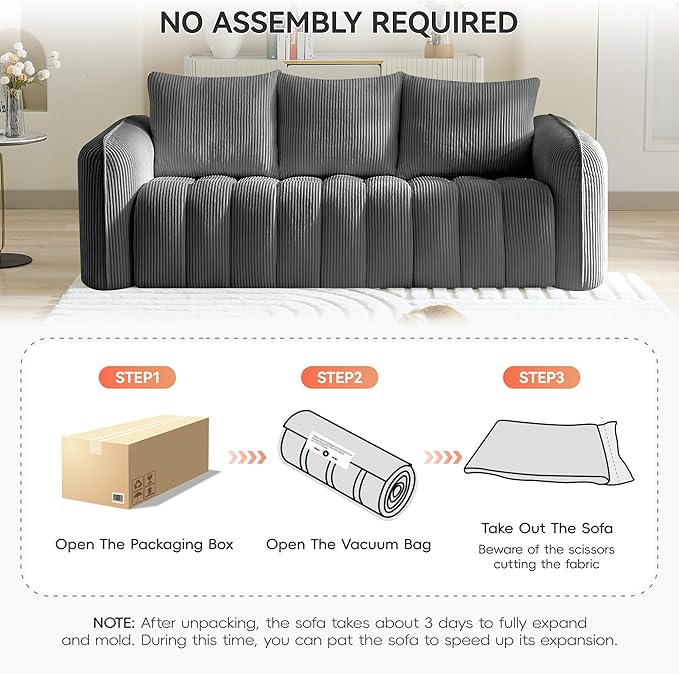 Corduroy Boneless Living Room Sets, Modern Upholstered 3 Seater Sofa with 2 Signle Accent Chairs, Comfy Deep Seat Cloud Sofa Couch Sets for Living Room, Grey