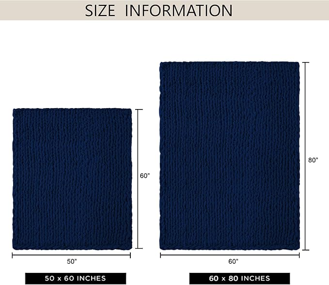 Chunky Knit Throw Blanket 60"X 80", 100% Handmade with Soft Chenille Yarn, 6.7lbs Thick Cable Knitted Blankets, Large Rope Knot Crochet Throws for Couch Sofa Bed Home Decor, Navy Blue