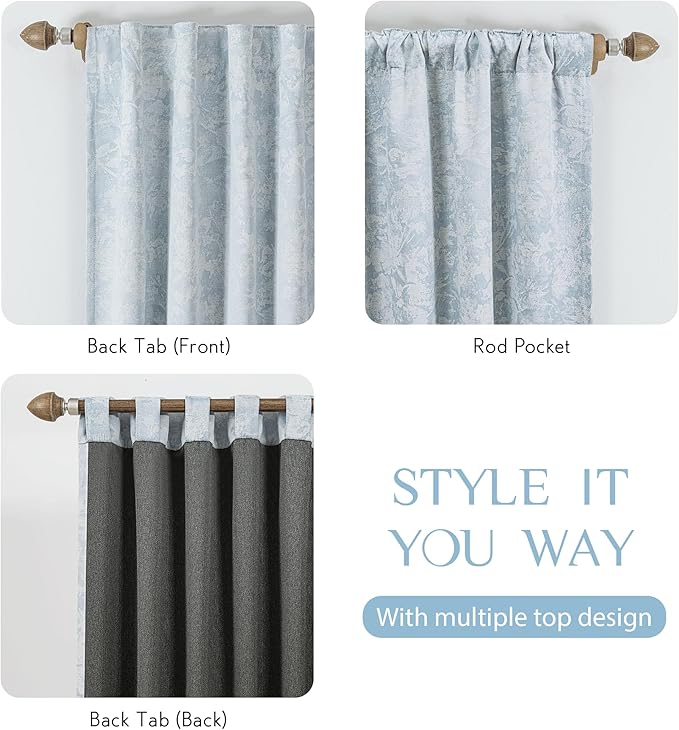 Beauoop Blue Floral Jacquard Blackout Curtains 84 Inches Long 2 Panels for Bedroom Living Room Chenille Flower Room Darkening Thermal Insulated Soundproof Rod Pocket Back Tab Window Drapes, 52x84