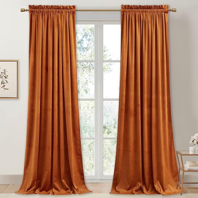 StangH Orange Velvet Curtains 108 inches Long, Extra Long Luxury Home Decor Room Darkening Energy Saving Window Treatment Holiday Backdrops for Party, W52 x L108, 2 Panels