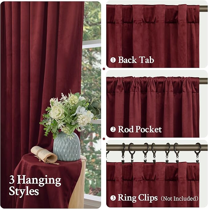 LAMIT Burgundy Red Velvet Curtains for Living Room Theater, 102 Inch Thermal Insulated Panels Vintage Room Darkening Back Tab and Rod Pocket Christmas Drapes for Bedroom, 2 Panels, 52 x 102 Inch